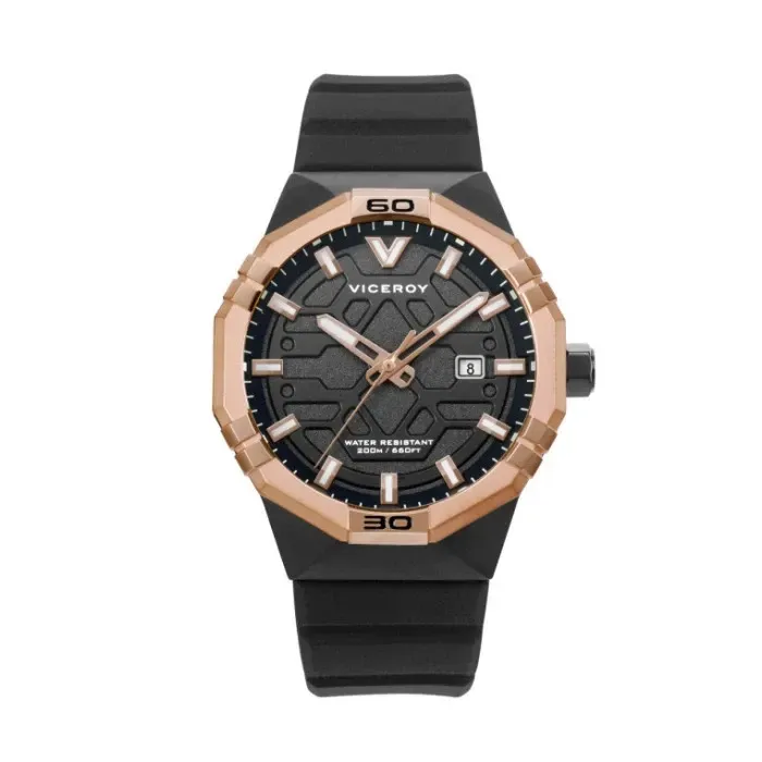 Reloj Viceroy para hombre en acero ip negro y rosa silicona negra, esfera negra. Garantía Viceroy