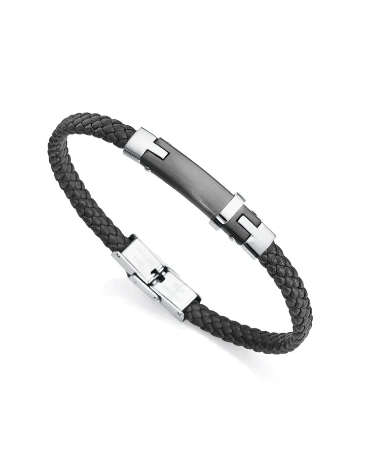Pulsera VICEROY  Magnum de acero con Ip negro y piel negra trenzada