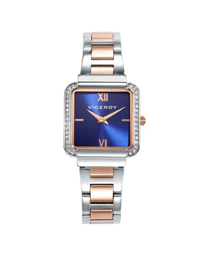 Reloj caja de acero con circonitas y corona Ip rosa con brazalete bicolor acero Ip rosa con movimiento cuarzo Reloj caja de acero con circonitas y corona Ip rosa con brazalete bicolor acero Ip rosa con movimiento cuarzo