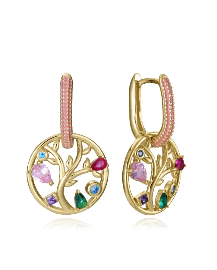 Pendientes de plata de primera ley con baño de oro y aro con arbol de la vida Pendientes de plata de primera ley con baño de oro y aro con arbol de la vida