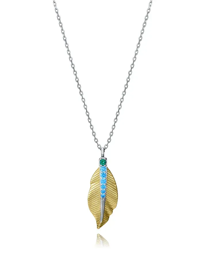 Collar de plata de primera ley con baño de oro y rodio con colgante en forma de pluma