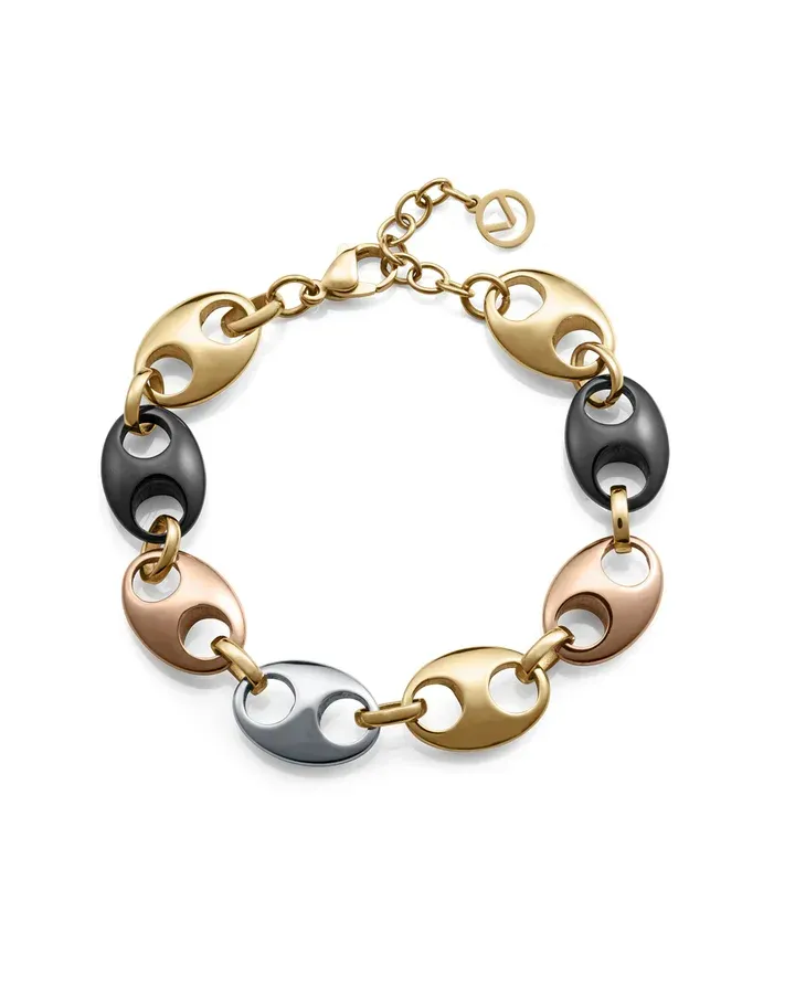 Pulsera de mujer de acero tipo calabrote con Ip dorado,negro y rosa Pulsera de mujer de acero tipo calabrote con Ip dorado,negro y rosa