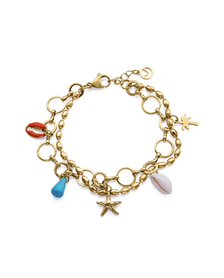Pulsera de mujer de acero Ip dorado con colgantes de concha natural, piedra sintética y acero