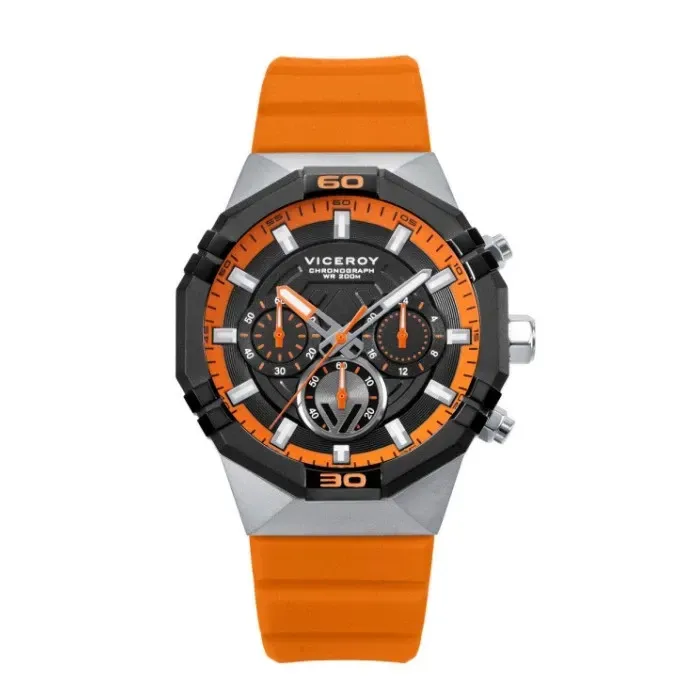 Reloj Viceroy crono para hombre en acero ip negro y correa silicona naranja, esfera negra. Garantía Viceroy