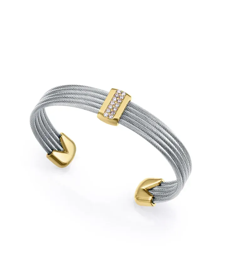 Pulsera de mujer de acero Ip dorado multiples cables unido con barra con circonitas Pulsera de mujer de acero Ip dorado multiples cables unido con barra con circonitas