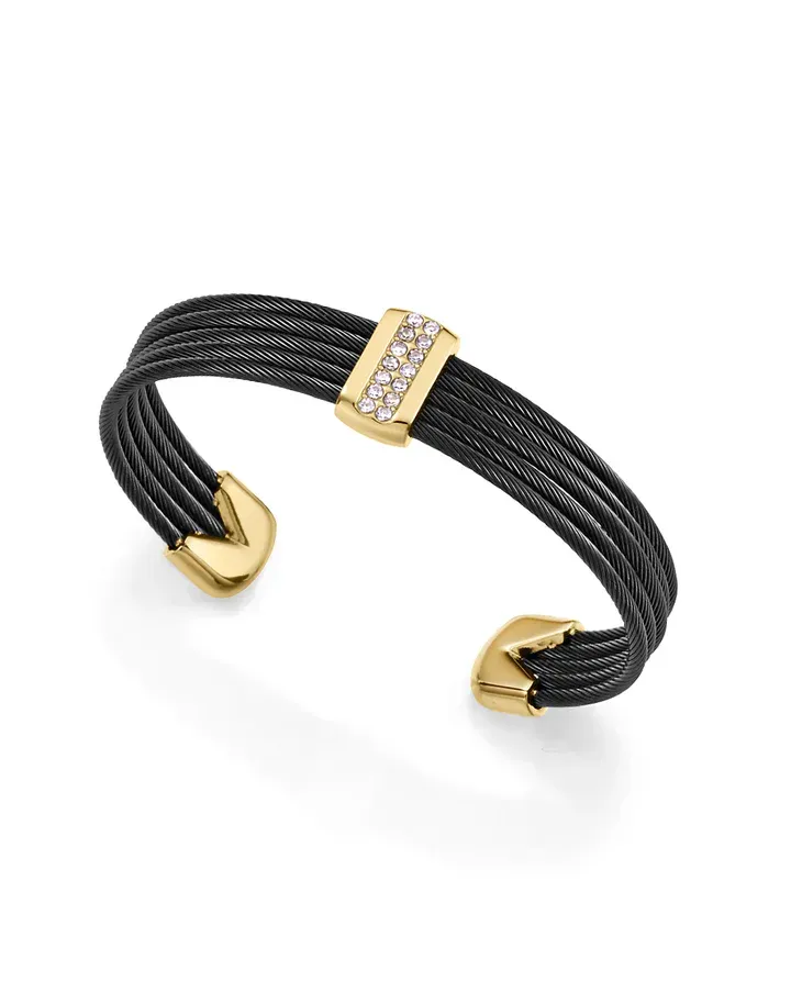Pulsera de mujer de acero Ip negro y dorado múltiples cables unidos con barra con circonitas Pulsera de mujer de acero Ip negro y dorado múltiples cables unidos con barra con circonitas