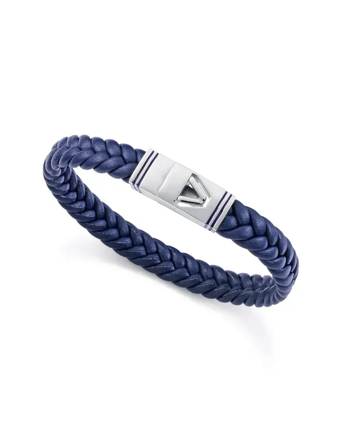 Pulsera de hombre de acero y piel azul trenzada con esmalte azul