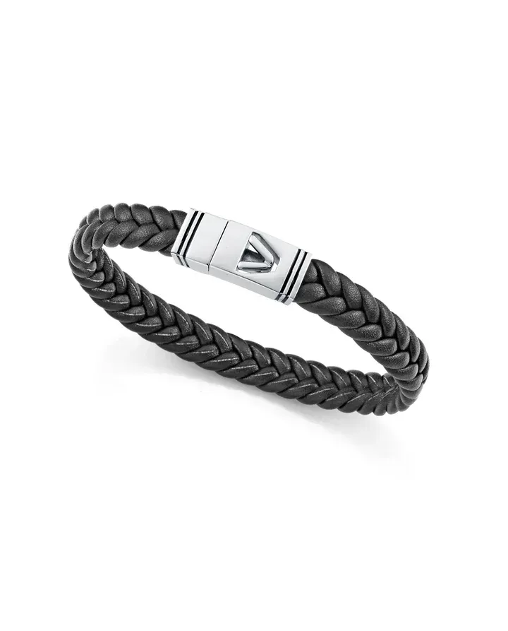 Pulsera de hombre de acero y piel negra con esmalete negro