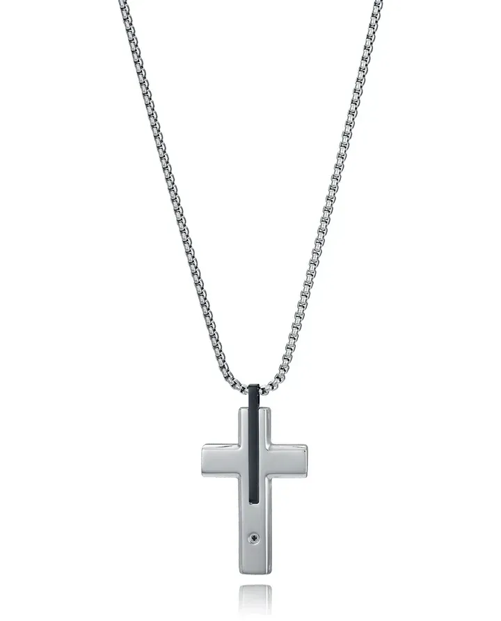Collar de hombre de acero e Ip negro con cruz y circonita negra