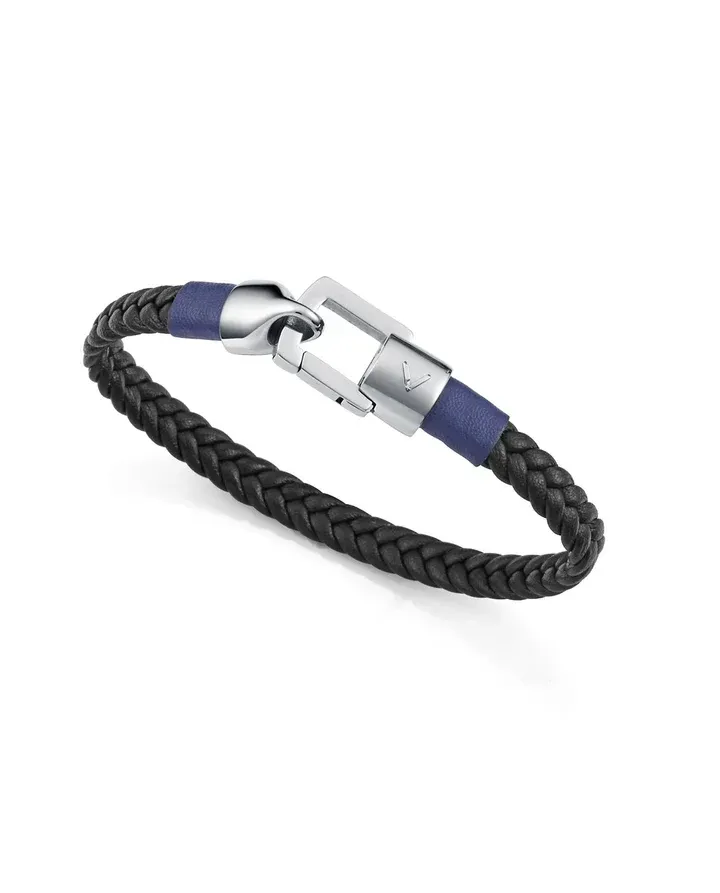 Pulsera de hombre de acero y piel trenzada negra con detalle piel azul