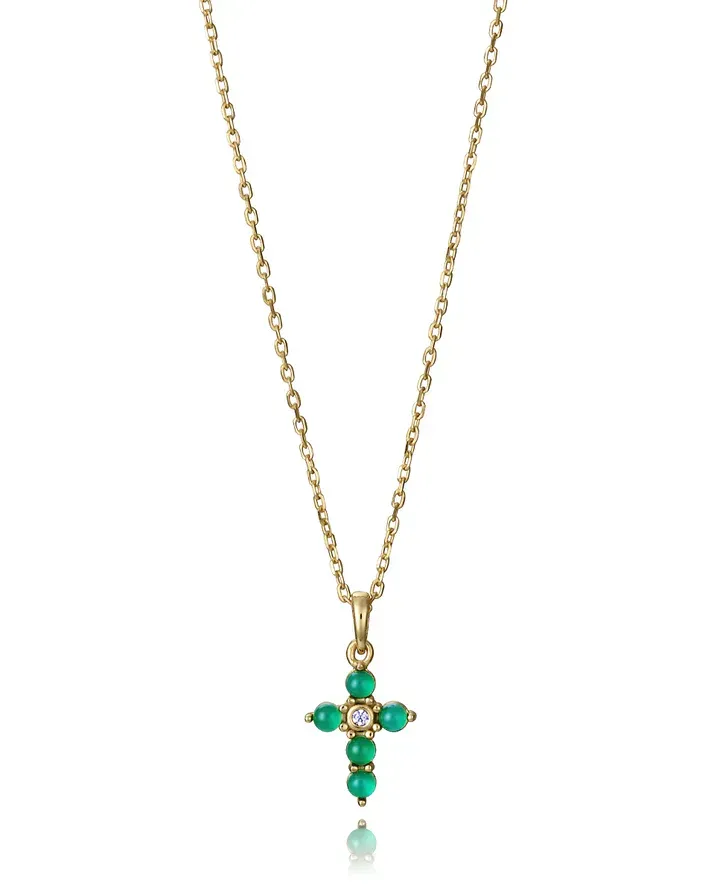 Collar de plata de primera ley con baño de oro y colgante cruz con piedras naturales topacio blanco y agata verde