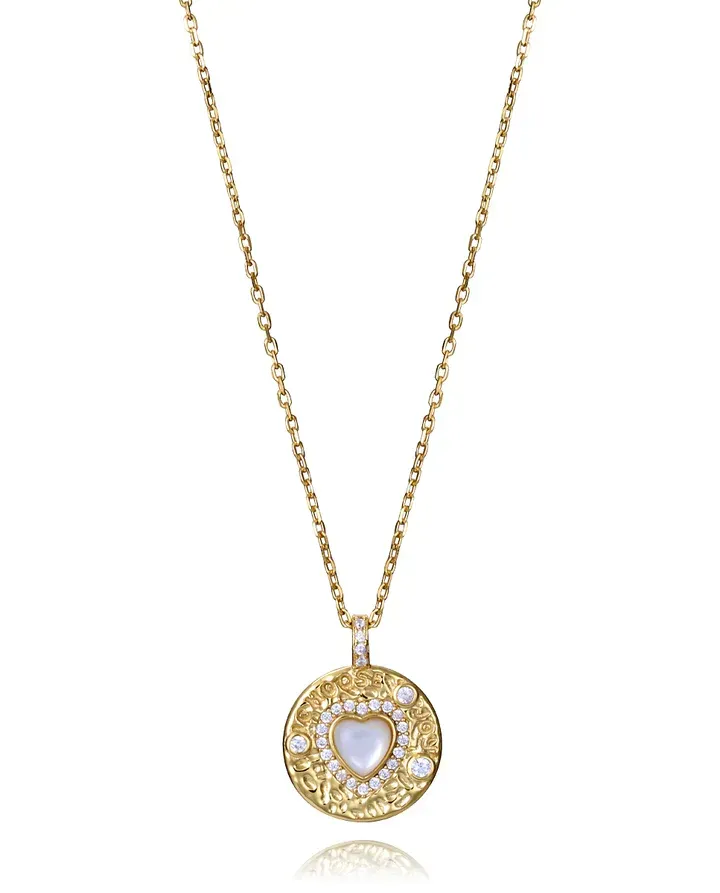 Collar de plata de primera ley con baño de oro y colgante redondo con circonita y corazón