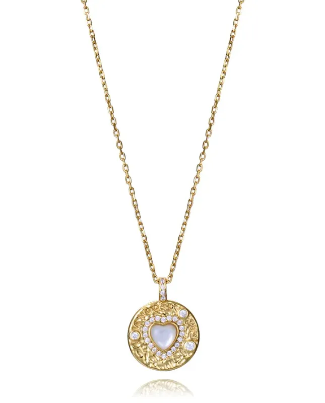 Collar de plata de primera ley con baño de oro y colgante redondo con circonita y corazón