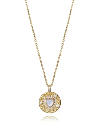 Collar de plata de primera ley con baño de oro y colgante redondo con circonita y corazón Collar de plata de primera ley con baño de oro y colgante redondo con circonita y corazón