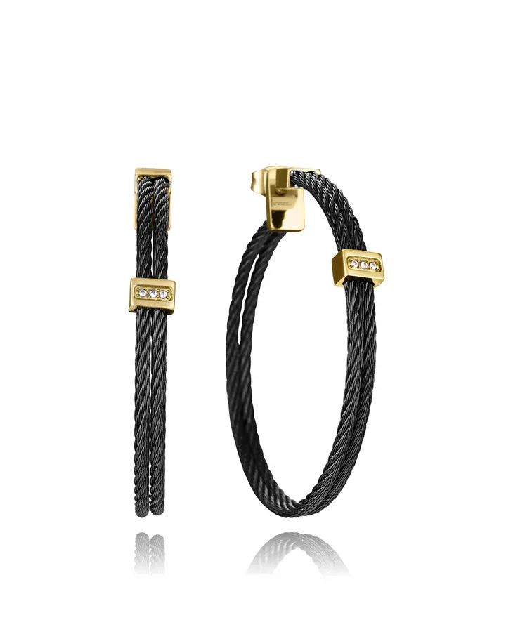Pendientes de mujer de acero Ip negro y dorado doble cable unido con barra con circonitas