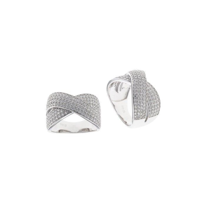 Anillo Salvatore Bandas Cruzadas Plata Baño Rodio y Circonitas Blancas