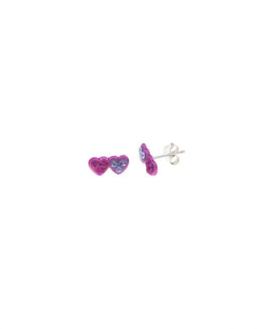 PENDIENTE SALVATORE  PLATA RODIO DOS CORAZONES ESMALTE ROSA