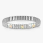 Pulsera elástica XTE de acero, circonitas y tres corazones de oro