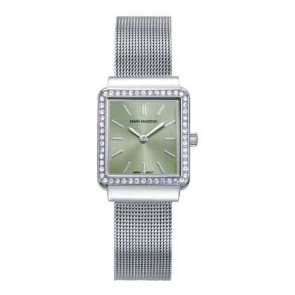 Reloj de mujer con caja de acero, esfera verde y bisel con circonitas. Malla milanesa de acero y movimiento de cuarzo