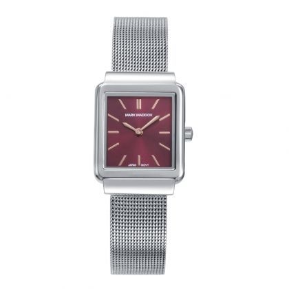 Reloj de mujer con caja de acero, esfera rojo y malla milanesa de acero