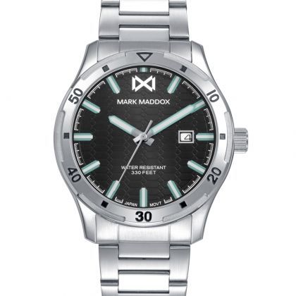 Reloj de hombre con caja y brazalete de acero, esfera negra y resistencia al agua de 10 ATM