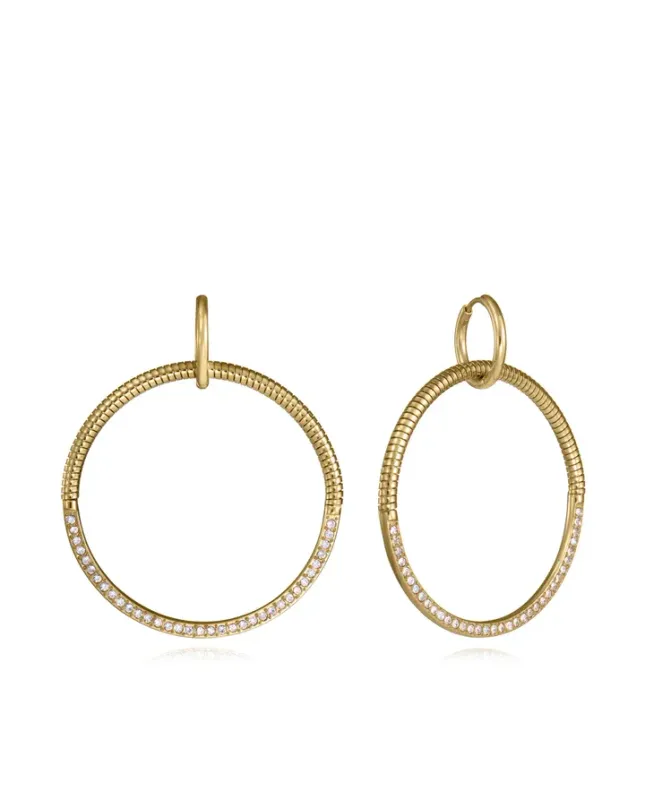 Pendientes de mujer de acero IP dorado con aro tubogas y circonitas blancas. Largo