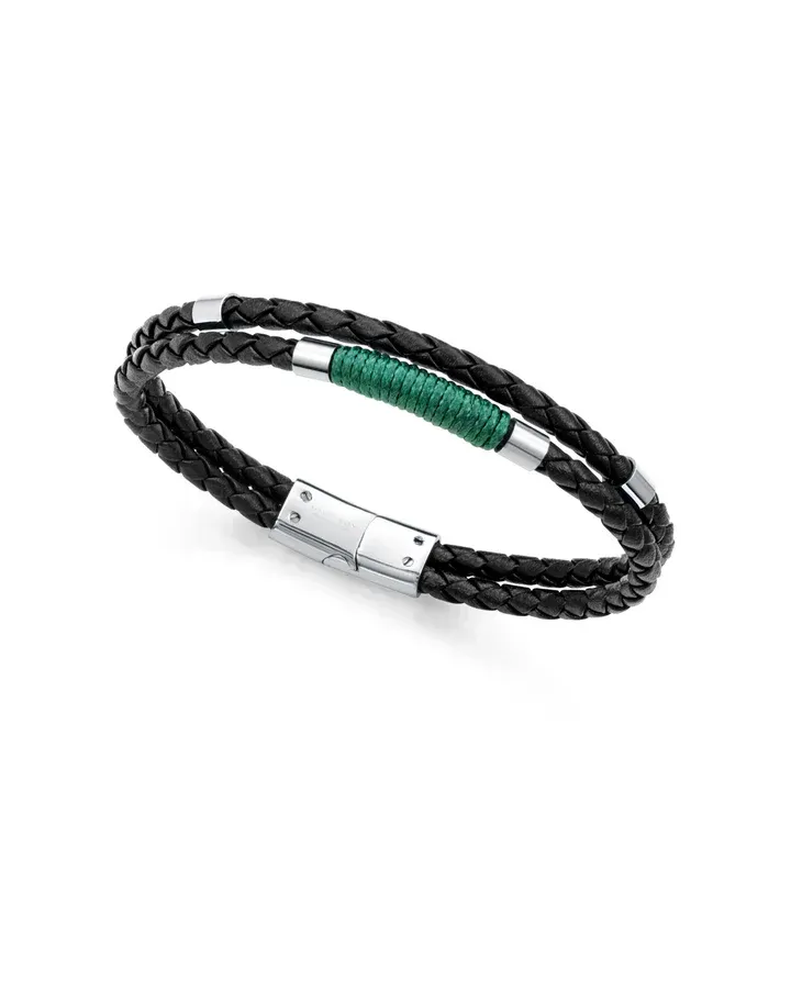 Pulsera de hombre en acero y piel negra con cordón verde. Un diseño actual, sobrio y fácil de combinar