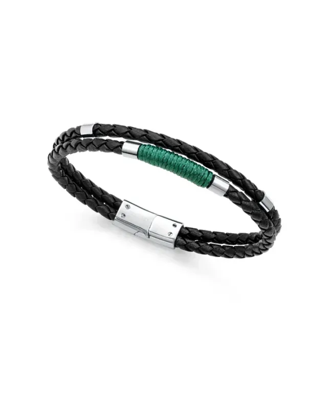 Pulsera de hombre en acero y piel negra con cordón verde. Un diseño actual, sobrio y fácil de combinar