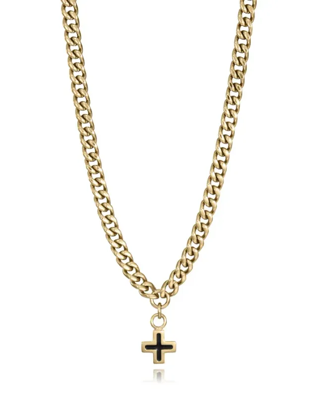 Collar de hombre en acero IP dorado y óxido con colgante de cruz. Largo 55 cm + 5 cm de extensión