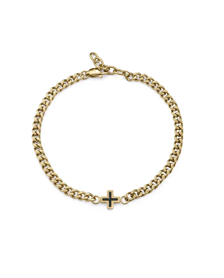 Pulsera de hombre en acero Ip dorado y óxido con motivo de cruz y extensión de 2 cm