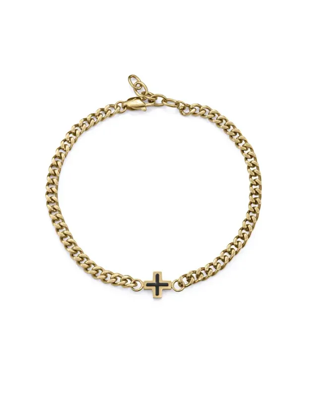 Pulsera de hombre en acero Ip dorado y óxido con motivo de cruz y extensión de 2 cm