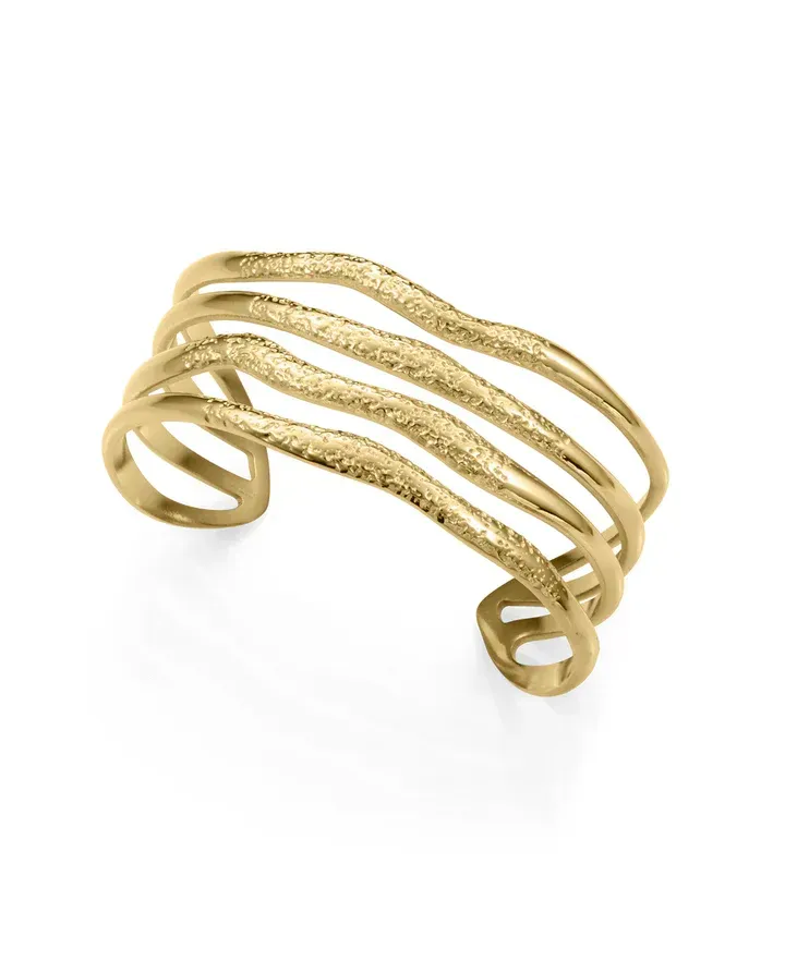 Pulsera rígida abierta de mujer en acero Ip dorado, con diseño ancho y diámetro máximo de 6 cm