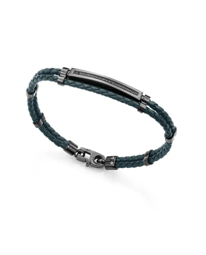 Pulsera de hombre en acero IP negro y piel verde, con circonitas negras y 21,5 cm de largo