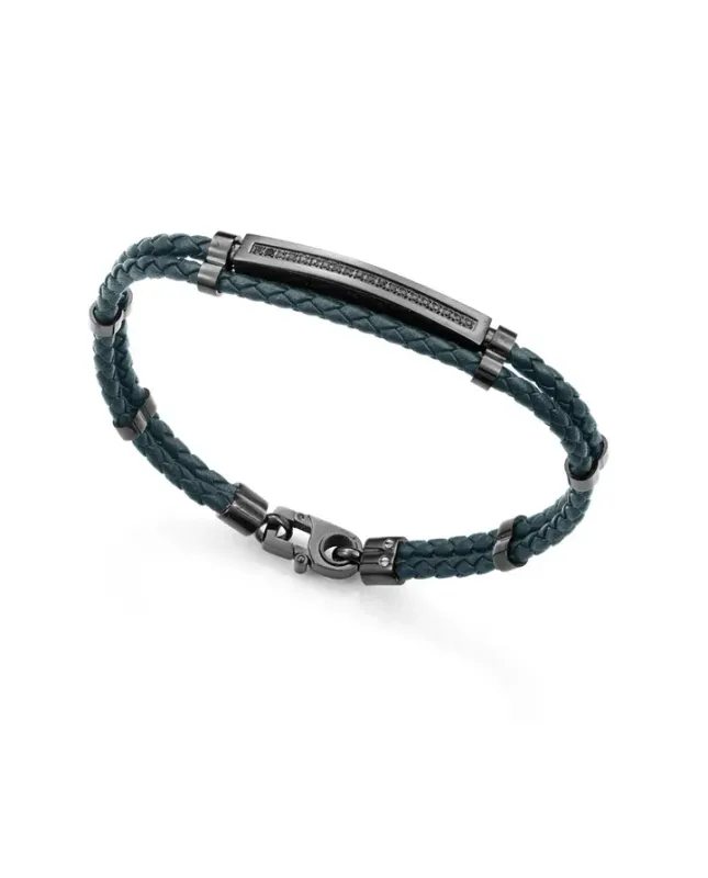 Pulsera de hombre en acero IP negro y piel verde, con circonitas negras y 21,5 cm de largo