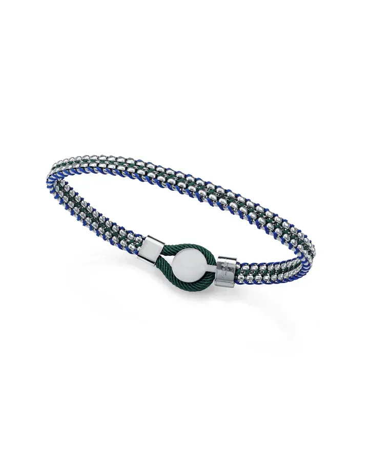 Pulsera de hombre en acero con cordón trenzado verde y azul. Diseño actual y largo de 20,5 cm