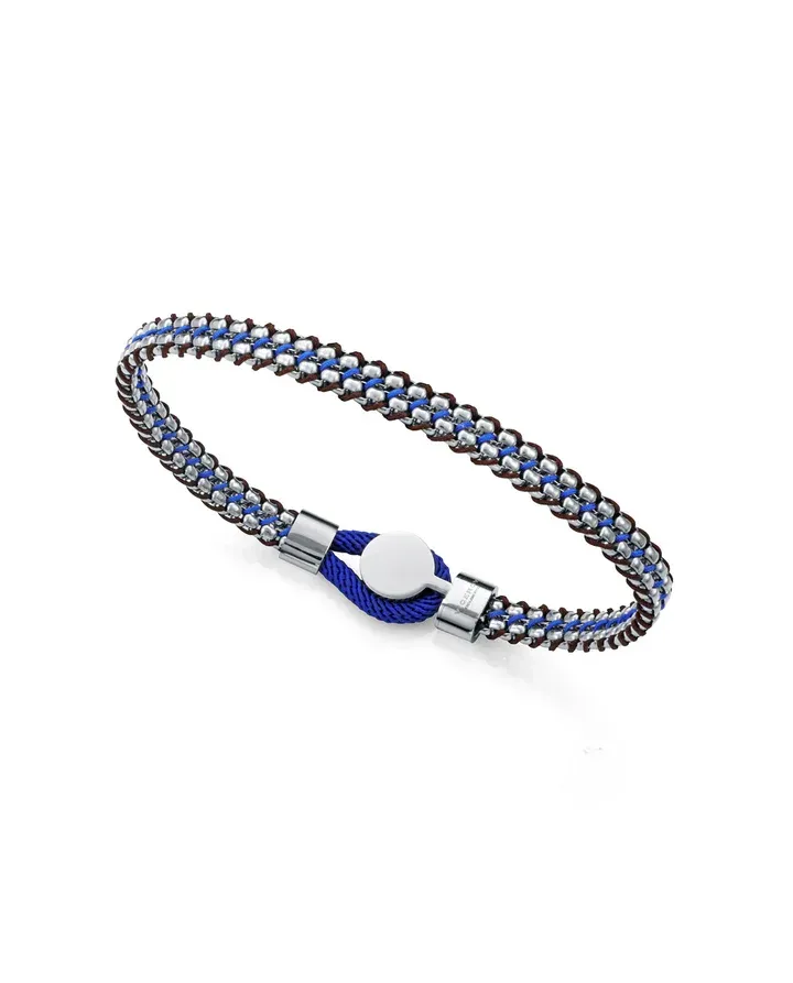 Pulsera de hombre en acero con cordón trenzado marrón y azul. Un diseño actual, elegante y fácil de combinar