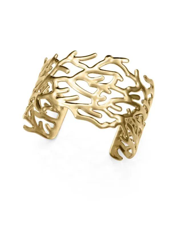 Pulsera rígida abierta de mujer en acero IP dorado, con diseño calado de ramas