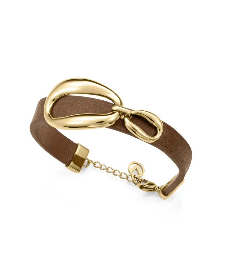 Pulsera de mujer en acero IP dorado y piel marrón, elegante y fácil de combinar