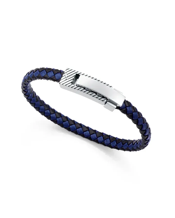 Pulsera de hombre en acero y piel trenzada negra y azul, con largo de 21,5 cm