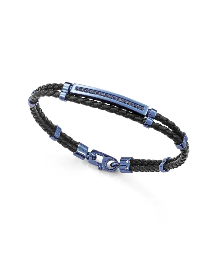 Pulsera de hombre en acero Ip azul y piel negra con circonitas negras. Largo 21,5 cm
