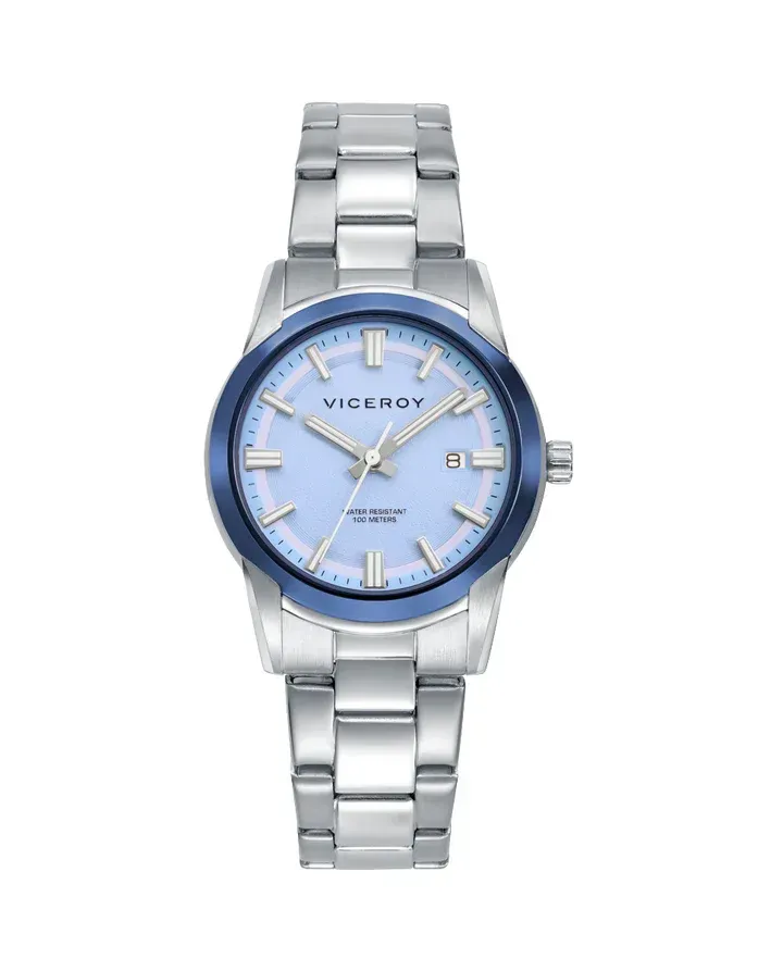 Reloj caja bitono en acero e Ip azul 10 Atm , brazalete de acero, movimiento cuarzo, colección Abraham Mateo