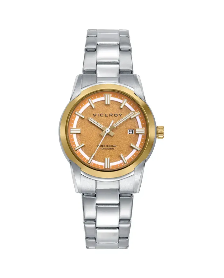 Reloj caja bitono en acero e Ip dorado claro 10 Atm , brazalete de acero, movimiento cuarzo, colección Abraham Mateo