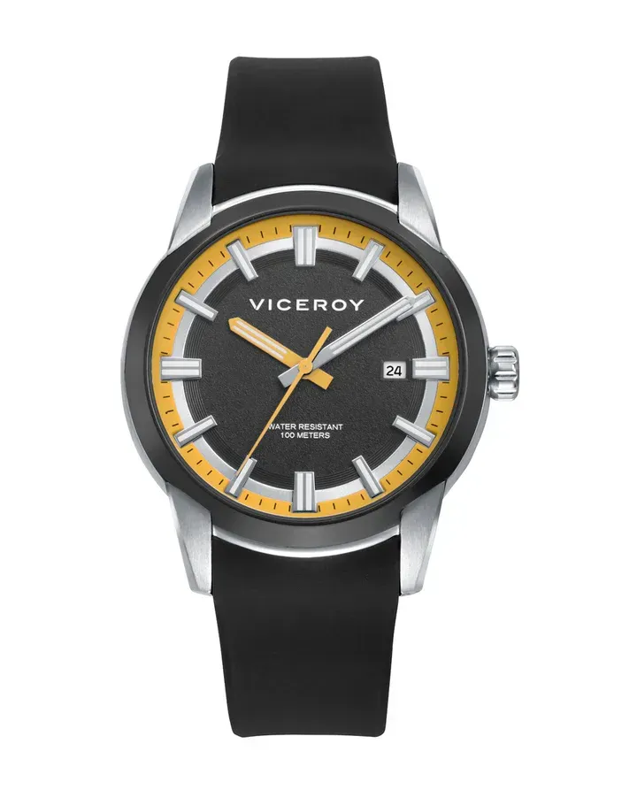 Reloj caja bitono en acero e Ip negro 10 Atm, correa de silicona negra, movimiento cuarzo, colección Abraham Mateo
