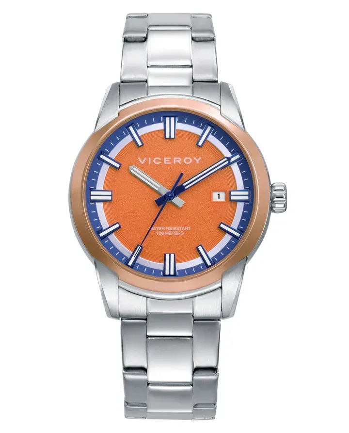 Reloj caja bitono en acero e Ip rosa 10 Atm, brazalete de acero, movimiento cuarzo, colección Abraham Mateo