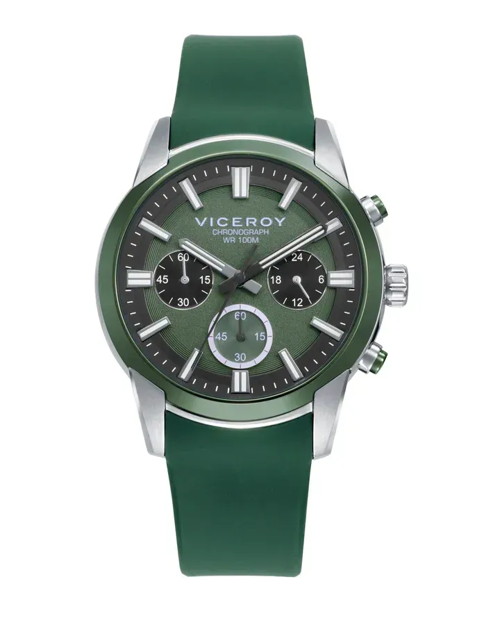 Reloj caja bitono en acero e Ip verde 10 Atm, correa de silicona verde, movimiento cuarzo,colección Abraham Mateo