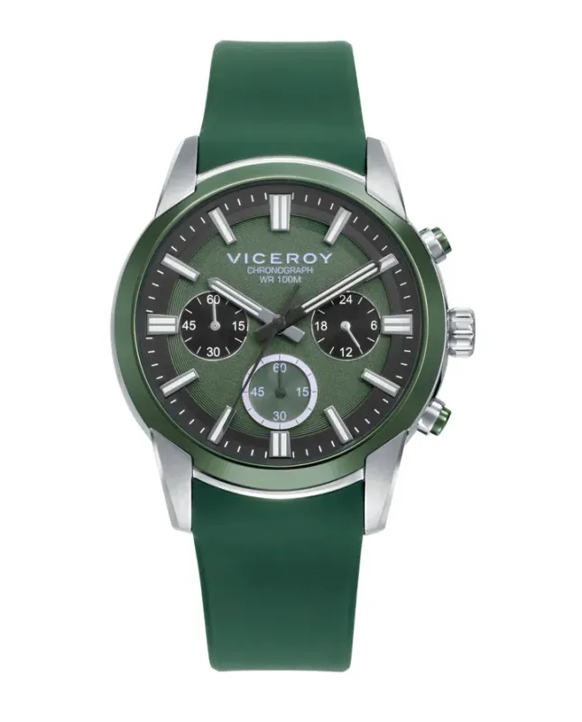 Reloj caja bitono en acero e Ip verde 10 Atm, correa de silicona verde, movimiento cuarzo,colección Abraham Mateo