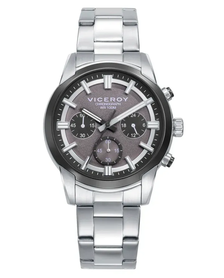 Reloj caja bitono en acero e Ip gris 10 Atm,brazalete de acero, movimiento cuarzo, colección Abraham Mateo