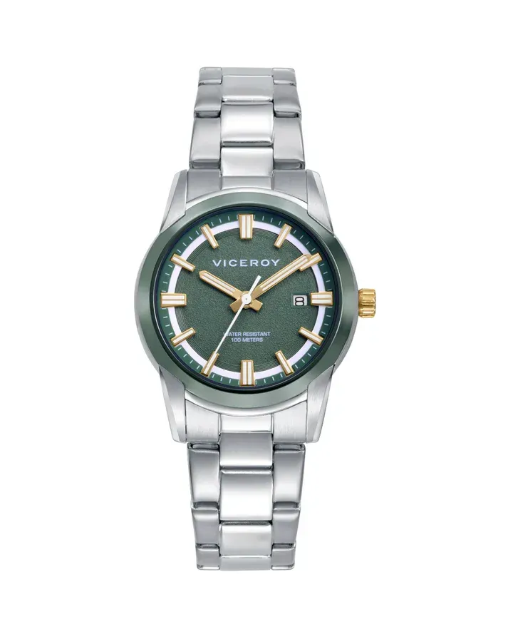Reloj caja bitono en acero e Ip verde 10 Atm, brazalete de acero, movimiento cuarzo, colección Abraham Mateo