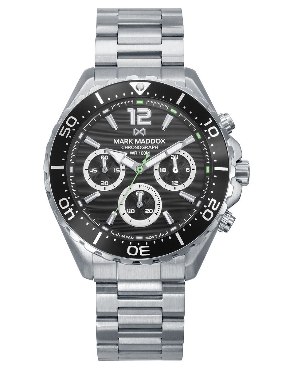 Reloj Mark Maddox de hombre caja de acero con bisel de aluminio en negro, 10 Atm, brazalete de acero , movimiento cuarzo Reloj Mark Maddox de hombre caja de acero con bisel de aluminio en negro, 10 Atm, brazalete de acero , movimiento cuarzo