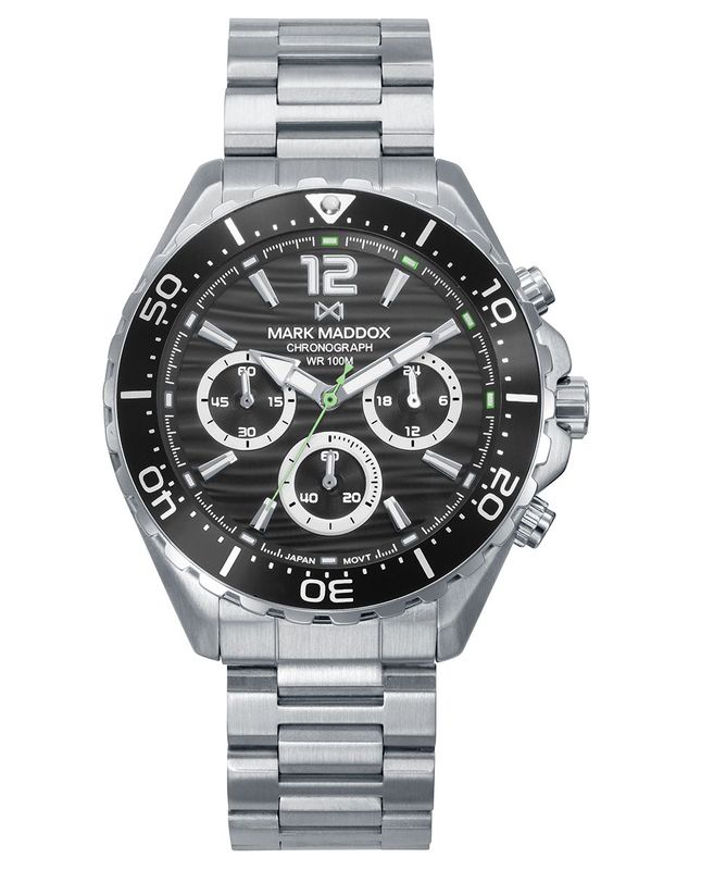 Reloj Mark Maddox de hombre caja de acero con bisel de aluminio en negro, 10 Atm, brazalete de acero , movimiento cuarzo